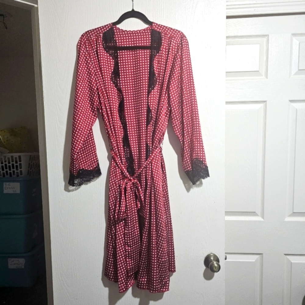 Frederick's of Hollywood Women's Polka Dot Satin and Lace Robe Red and White  XL - Picture 4 of 8
